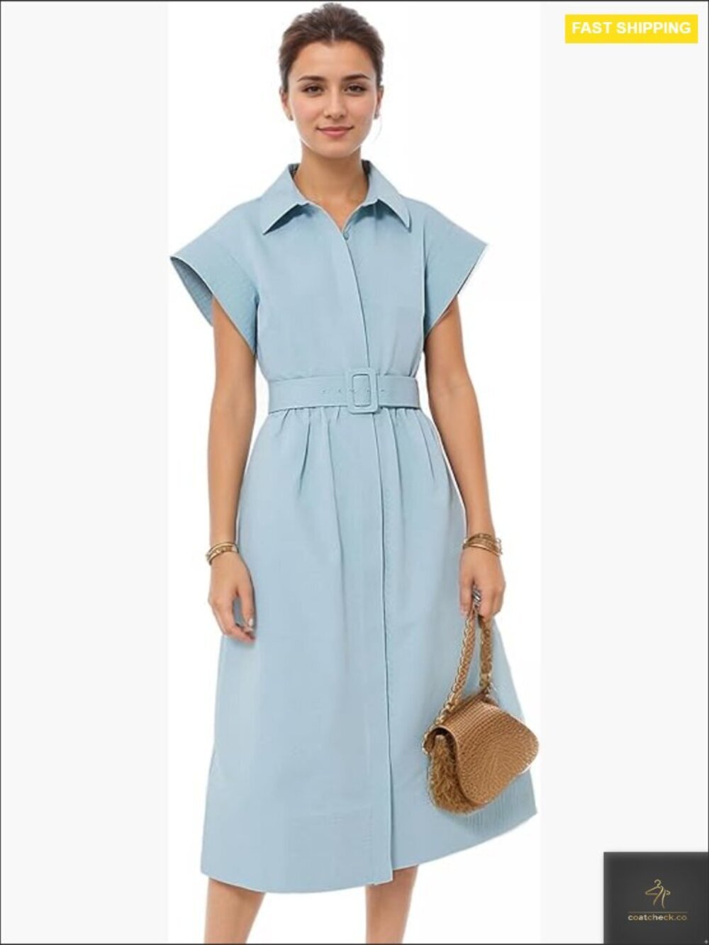Turn Down Collar Shirt Dress Short Wing Sleeve Button Down Trench Coat Elegant